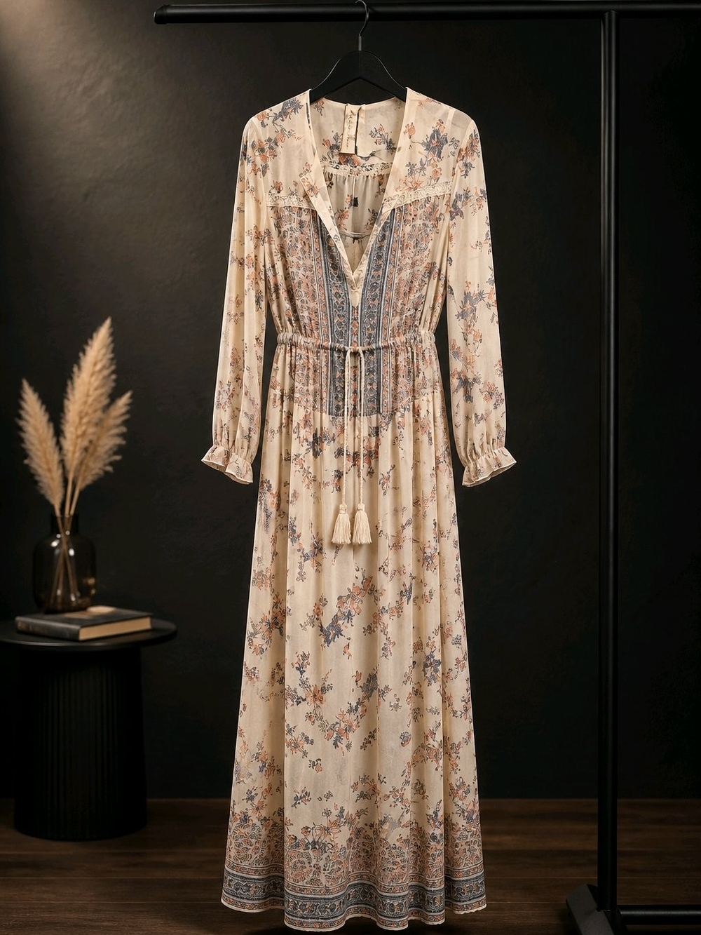 Aratta 2 Pieces Bohemian Cream Floral Maxi Dress with Tassel Tie And Slip NWOT